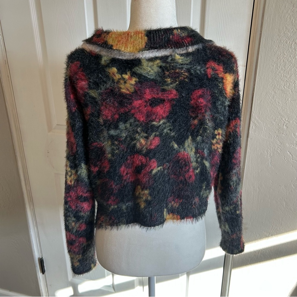 Pilcro Anthropologie Cropped Cardigan Sweater Eyelash Multicolor Fuzzy floral - Picture 6 of 7